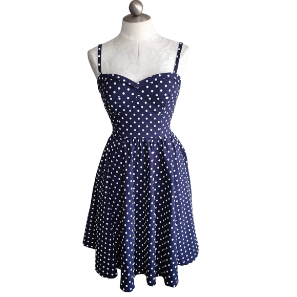 Stop Staring Dresses & Skirts - Stop Staring Amery Dress Navy Blue Polka Dot Fit Flare Medium